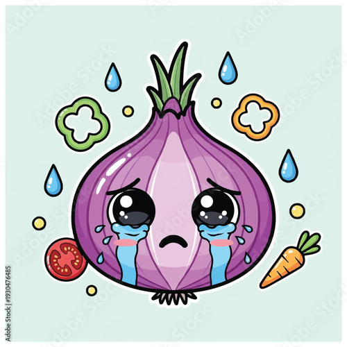 Crying Onion Character with Vegetables Around.