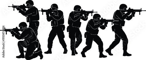 Comprehensive Military Vector Set Featuring Soldier Silhouettes Tactical Assault Rifles Sniper Rifles and Handgun Icons for Defense Security and Armed Forces Graphics