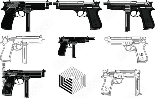 Collection of semi automatic pistol illustrations featuring technical blueprint styles black silhouettes and line art drawings isolated on a white background