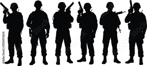 Black silhouettes of armed soldiers and military special forces personnel standing with rifles and handguns isolated on a white background for design
