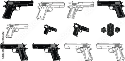 Vector set of handgun illustrations featuring semi-automatic pistol icons in line art and solid silhouette styles isolated on a white background