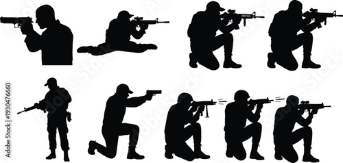 Black silhouettes of tactical soldiers and special forces operators in various shooting positions including kneeling and prone isolated on white background
