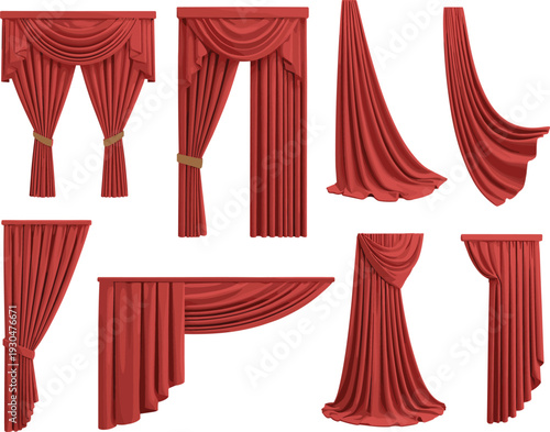 Red theater curtain collection with draped fabric folds realistic vector illustration for stage cinema interior decoration isolated on white background