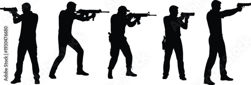Collection of black male silhouettes in tactical shooting positions using handguns and assault rifles for security, law enforcement, and military concepts.
