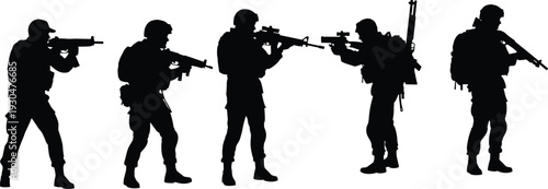 Tactical military and police officer silhouettes set featuring soldiers and armed men in shooting stances with rifles and handguns for security.