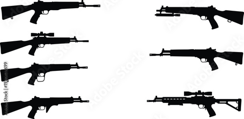 Set of tactical military soldier silhouettes and handgun technical vector illustrations featuring armed men in shooting stances and detailed firearm blueprints.