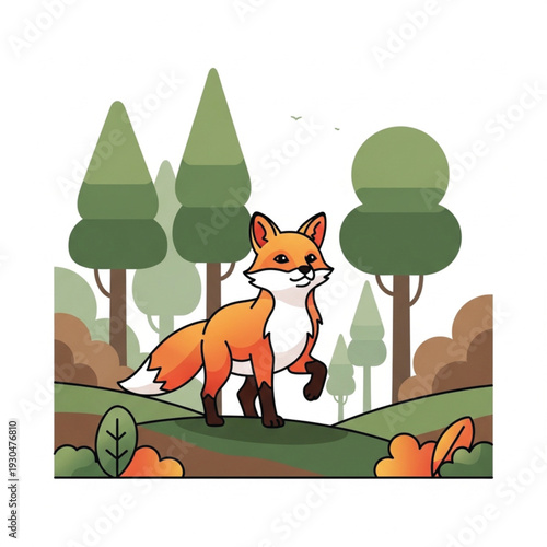 Vector illustration of a cartoon fox in a forest