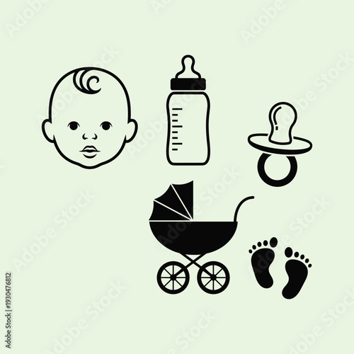Adorable baby essentials and nursery items in a charming black line art illustration set, perfect for various infant care and newborn celebration themes