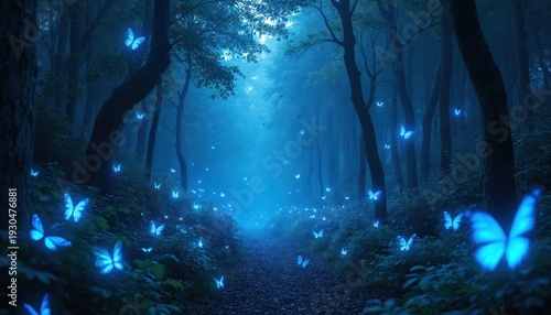 Enchanted forest path at night illuminated by glowing blue butterflies. Tall trees and misty fog create a magical, dreamy, and mysterious woodland scene.