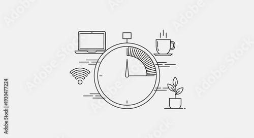 Productivity and Time Management Concept with Clock, Laptop, Wi-Fi, Coffee, and Plant, minimalist line art in bright studio.