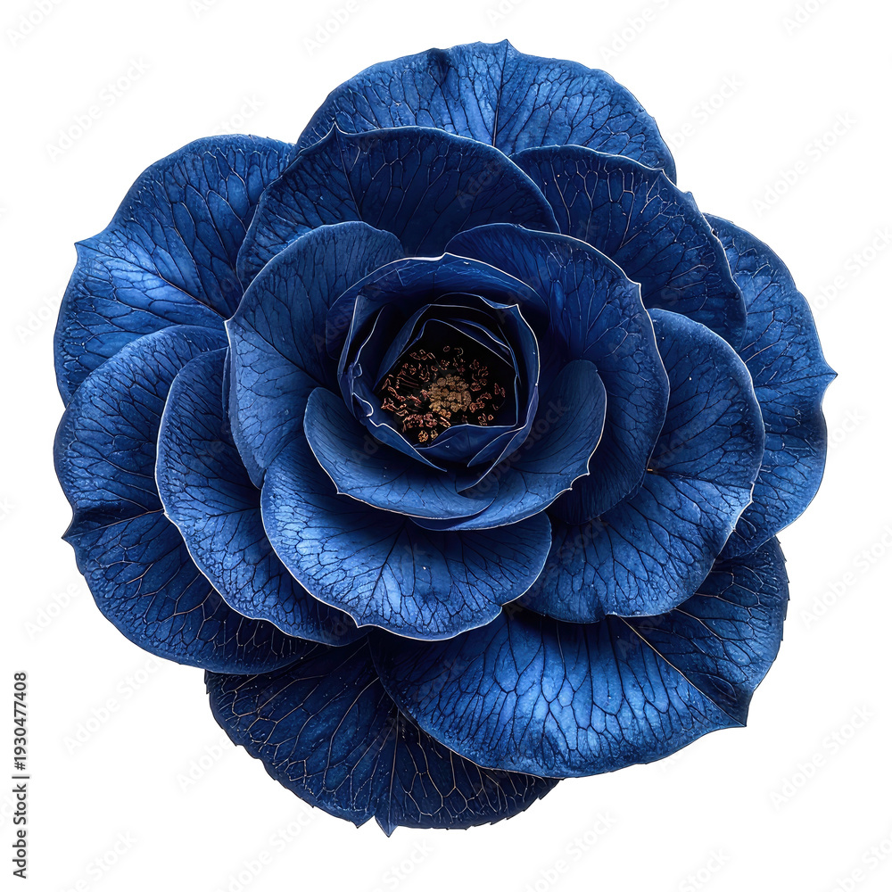 Fototapeta premium Deep blue flower, intricately layered petals, centered on black background