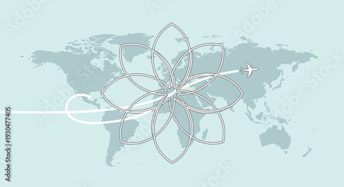 Global Logistics Network with Airplanes Forming a Flower Pattern on a Light Blue World Map Background