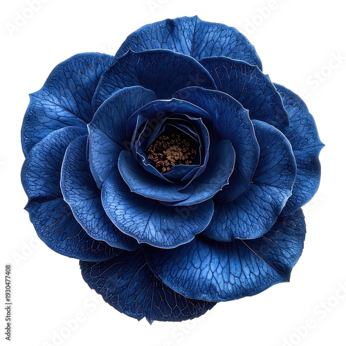 Deep blue flower, intricately layered petals, centered on black background