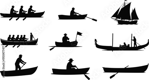 Set of boat and rowing silhouettes including canoe, gondola and sailboat isolated on white background, nautical transport vector illustration collection