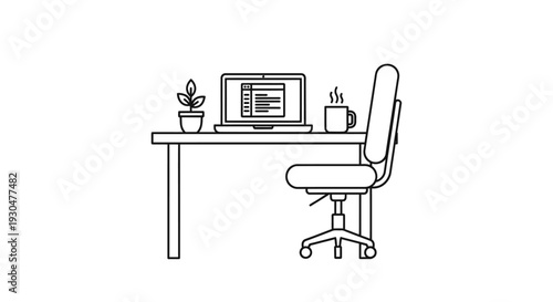 Outline illustration of a home office desk with laptop, plant, and chair on isolated white background