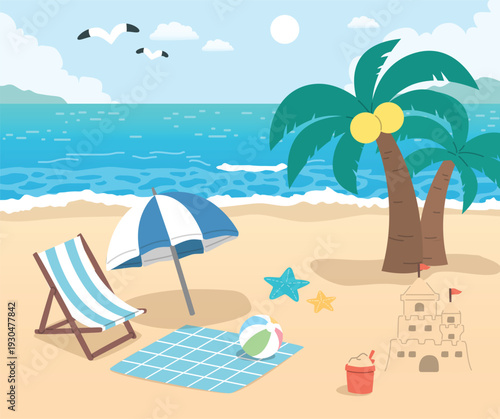 Tropical beach landscape with palm trees, parasol and sandcastle