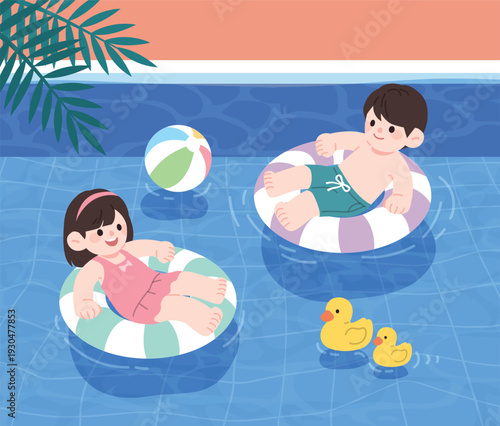 Cute children floating on inner tubes in a swimming pool with rubber ducks
