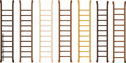 Set of wooden ladder illustrations in different colors isolated on white background, construction equipment vector collection for design projectsSet of 