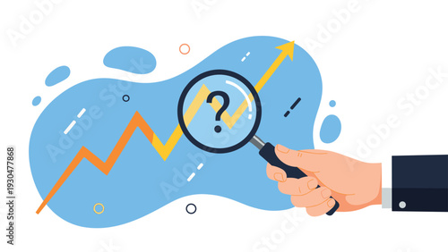 Hand using a magnifying glass to inspect a question mark on an upward trending line graph for deeper data analysis and research.