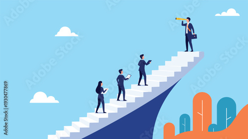 Business team walking up a curved staircase towards a leader looking through a telescope at the top for a future corporate vision.
