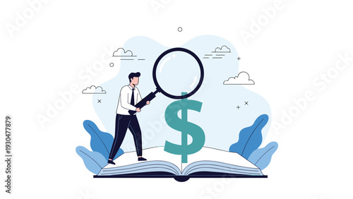 Knowledgeable businessman using a magnifying glass to look at a large dollar sign on the pages of an open book for financial study.