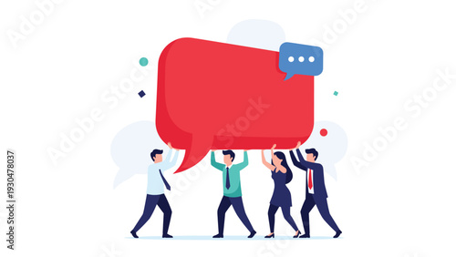 Unified team of corporate employees working together to lift and carry a giant red speech bubble illustration.