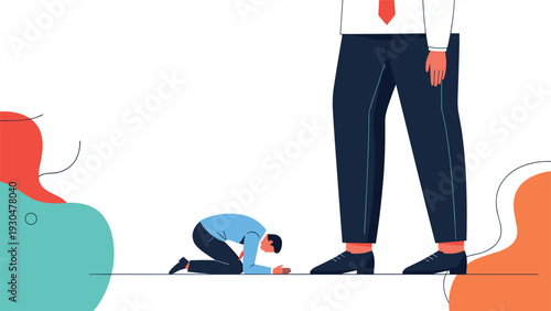 Tiny man kneeling in submission before a giant pair of legs belonging to a powerful business executive leader.