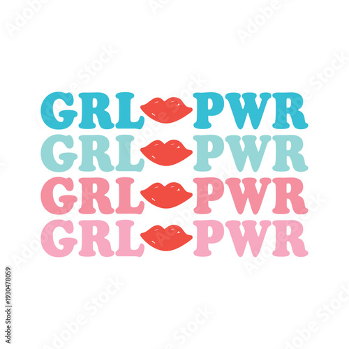 Trendy Y2K style "GRL PWR" typography design with red lips icon in pastel colors. Perfect for feminist streetwear, stickers, and vintage-inspired graphics.