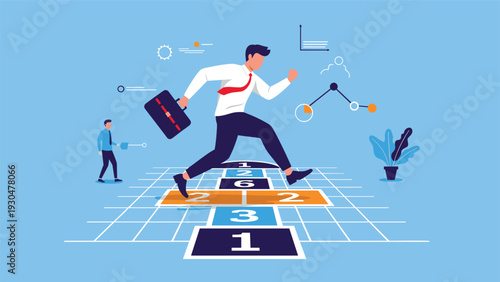 Determined businessman jumping through a numbered hopscotch grid signifying a strategic step by step business plan for growth.