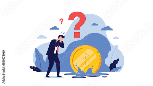 Stressed businessman standing with hands on head next to a large melting gold dollar coin symbolizing a massive financial loss.
