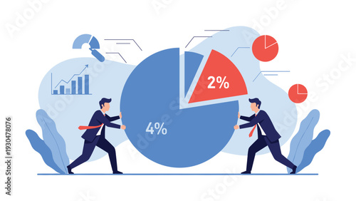 Pair of businessmen working together to push two pieces of a large pie chart together for data synchronization and market sharing.