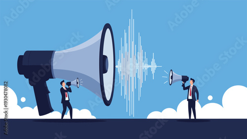Two businessmen shouting into megaphones of different sizes to represent communication, debate and public speaking in corporate world.