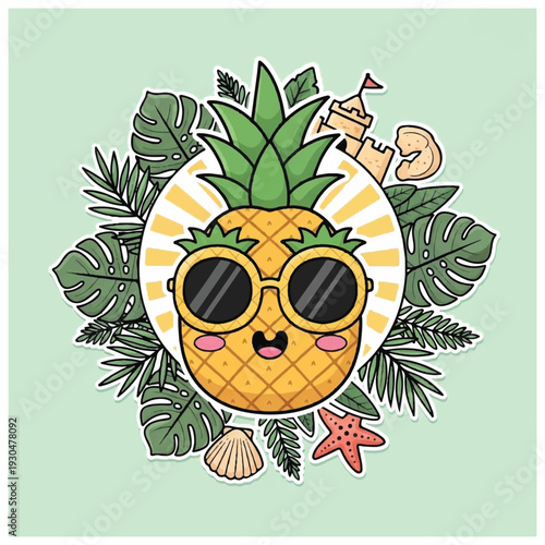 Pineapple Character Wearing Sunglasses and Tropical Leaves.