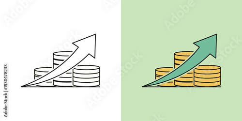 Financial growth concept illustration with stacked coins and an upward arrow, symbolizing increasing wealth, investment returns, and business prosperity
