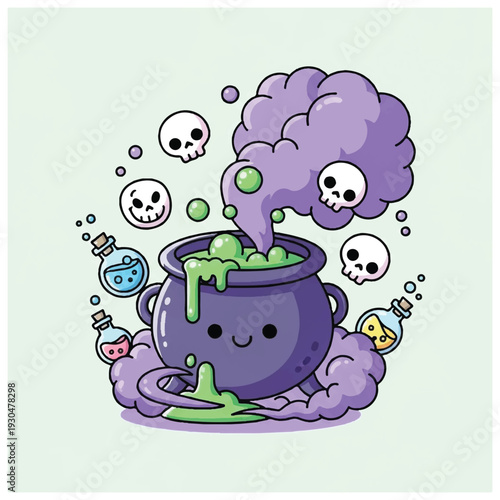 Cartoon Cauldron Bubbling Green Potion with Skulls.