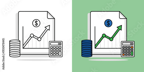Visualizing business financial growth, investment analysis, and accounting with an upward trend chart, stacked coins, and a calculator