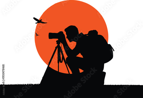 Photographer Silhouette with Camera and Tripod at Sunset Vector