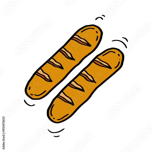 Hand drawn French baguette bread illustration, two long crusty loaves vector doodle outlines