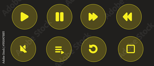 Neon Yellow Media Player Icon Set: Modern Glossy Control Buttons for Video and Audio Interface on Dark Background