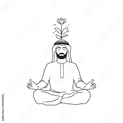 Minimalist line art of a human meditating with blooming flowers from head, mental health and self-care concept.