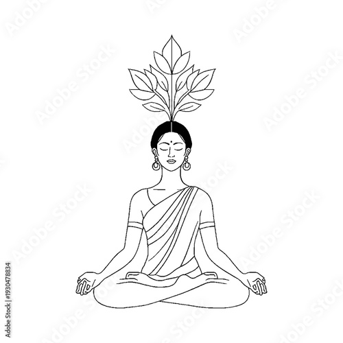 Minimalist line art of a human meditating with blooming flowers from head, mental health and self-care concept.