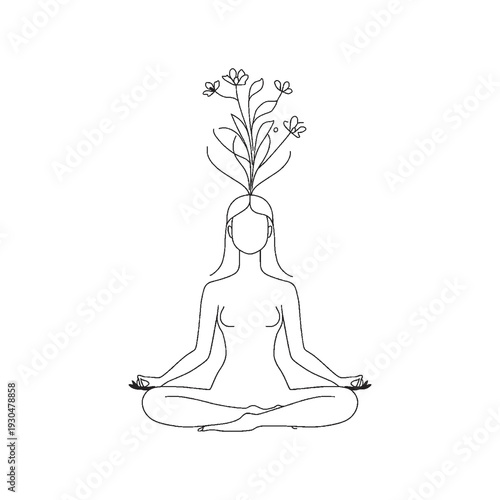 Minimalist line art of a human meditating with blooming flowers from head, mental health and self-care concept.