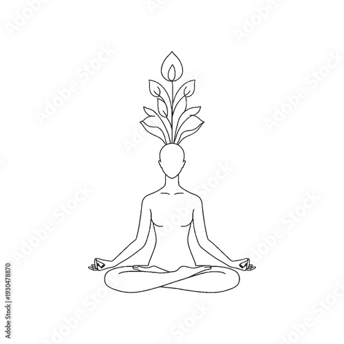 Minimalist line art of a human meditating with blooming flowers from head, mental health and self-care concept.