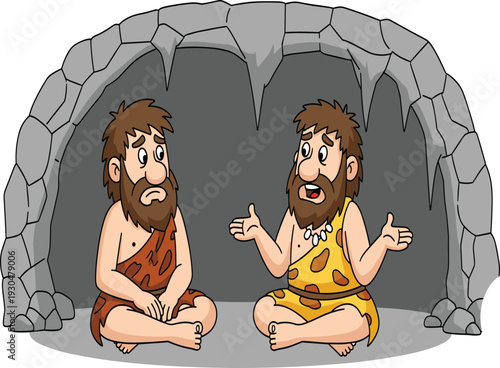 Cartoon cavemen sitting inside stone cave, prehistoric men talking and explaining with animated gestures, humorous illustration of early human communication and lifestyle