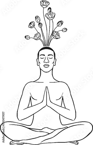 Minimalist line art of a human meditating with blooming flowers from head, mental health and self-care concept.
