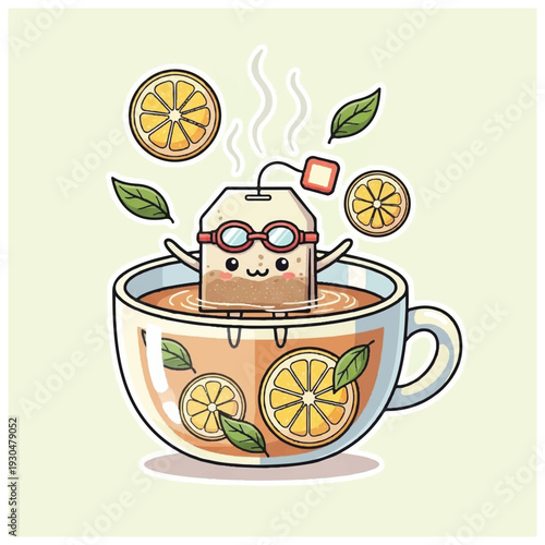 Cartoon Tea Bag Character in Mug.
