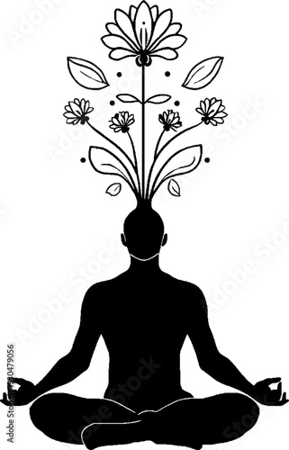 Minimalist line art of a human meditating with blooming flowers from head, mental health and self-care concept.