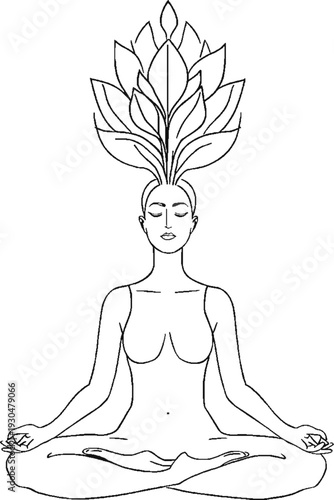 Minimalist line art of a human meditating with blooming flowers from head, mental health and self-care concept.
