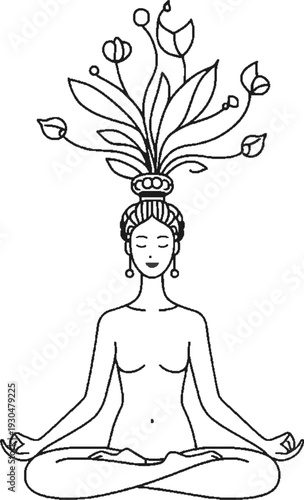 Minimalist line art of a human meditating with blooming flowers from head, mental health and self-care concept.