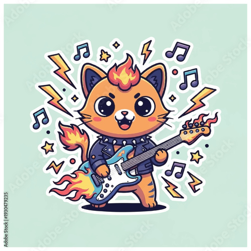 Cartoon Cat Playing Electric Guitar Rock Music.